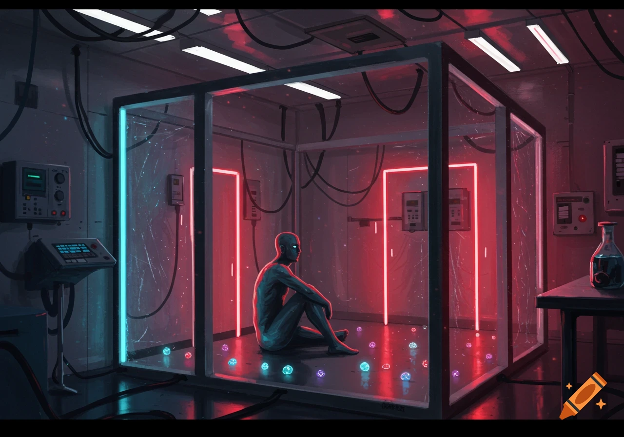 A pale, bald figure sits in a transparent lab cage with neon blue and red lights and glowing orbs, in a dark, futuristic digital art.