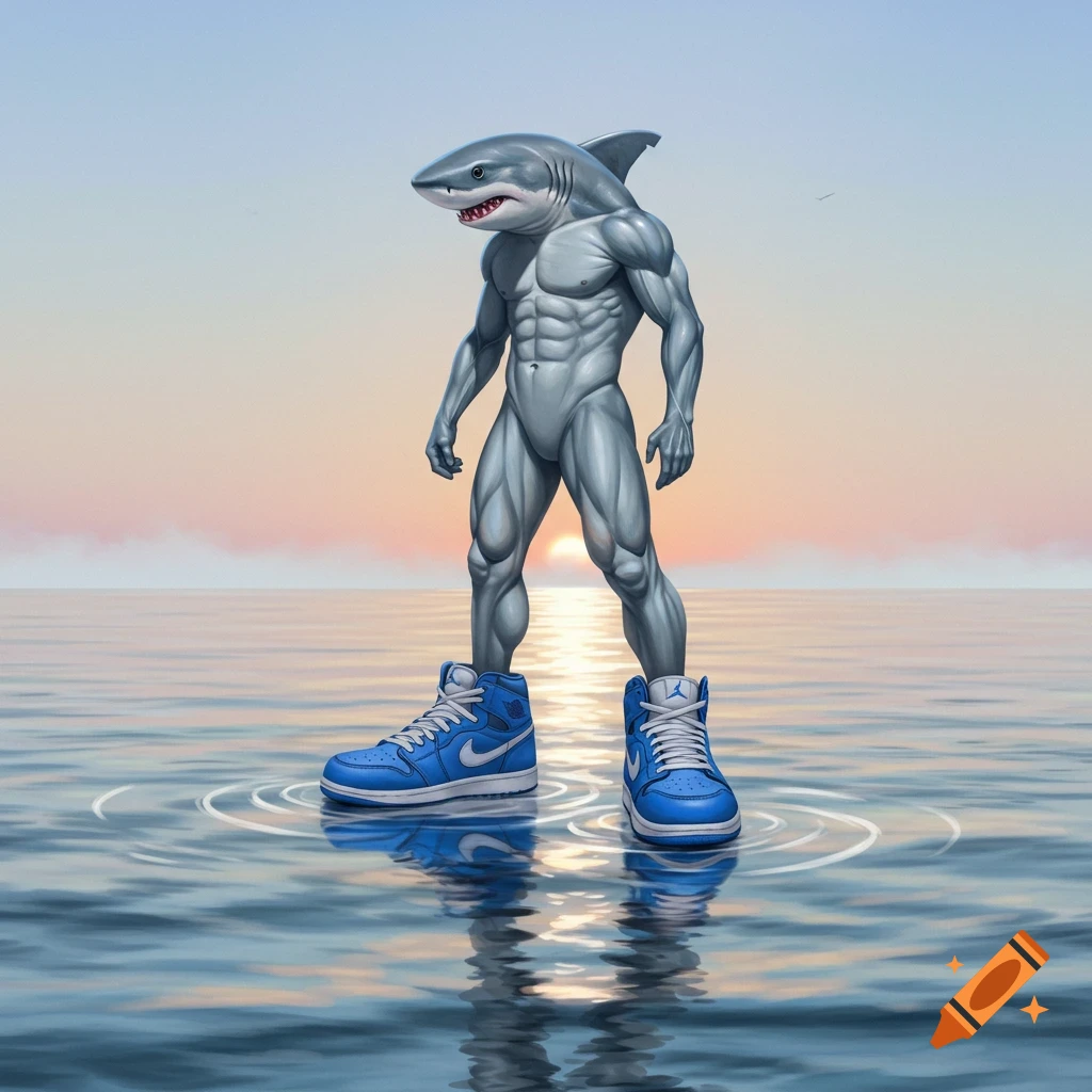 A muscular, bipedal shark wearing blue Air Jordan sneakers stands in calm water with a sunset sky in the background.