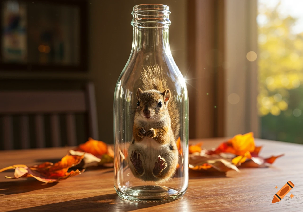 A photorealistic image of a small squirrel sitting inside a clear glass bottle on a wooden table, surrounded by autumn leaves.