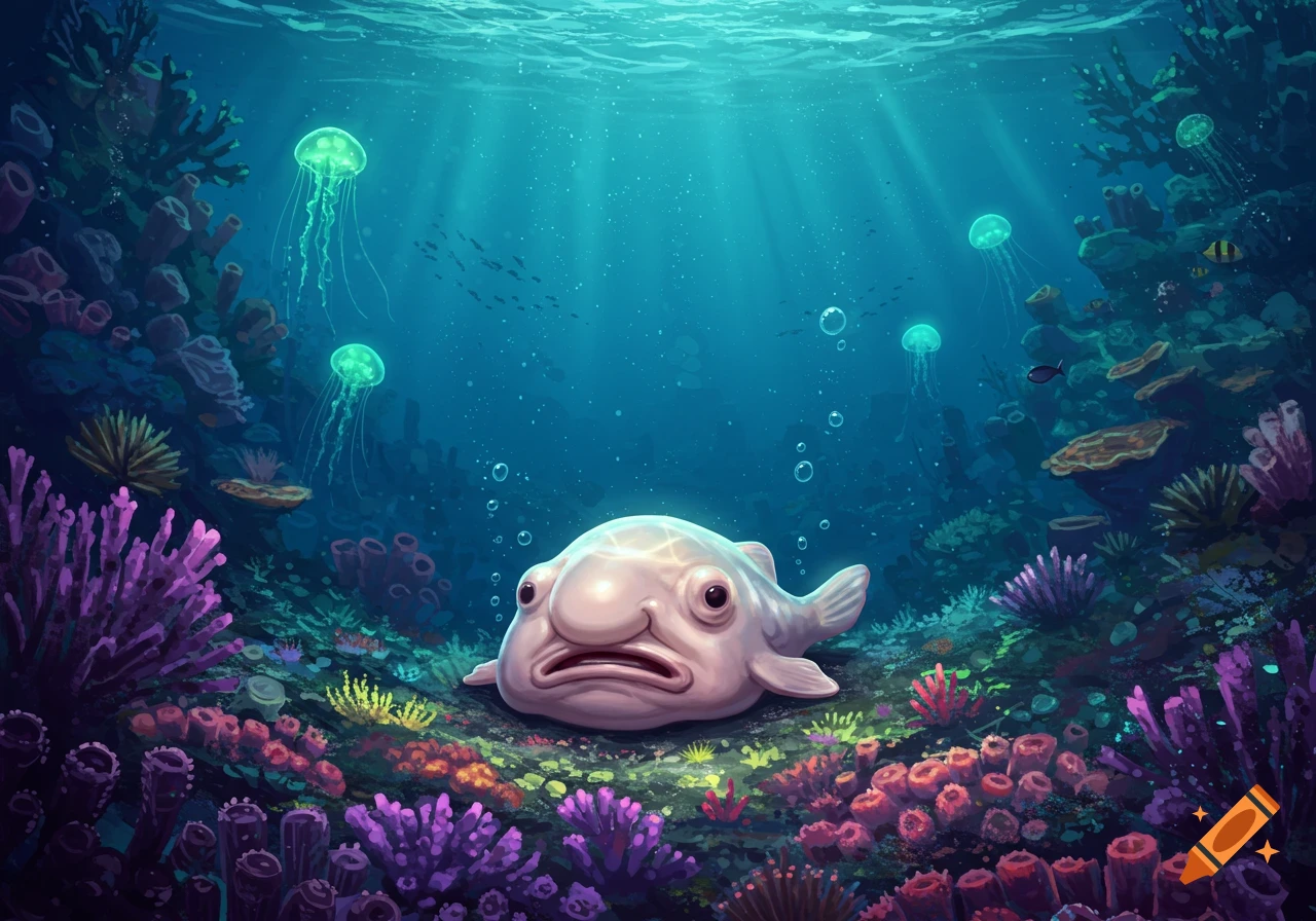 An illustration of a blobfish resting on a colorful coral reef with glowing jellyfish and small fish swimming in a deep blue ocean.