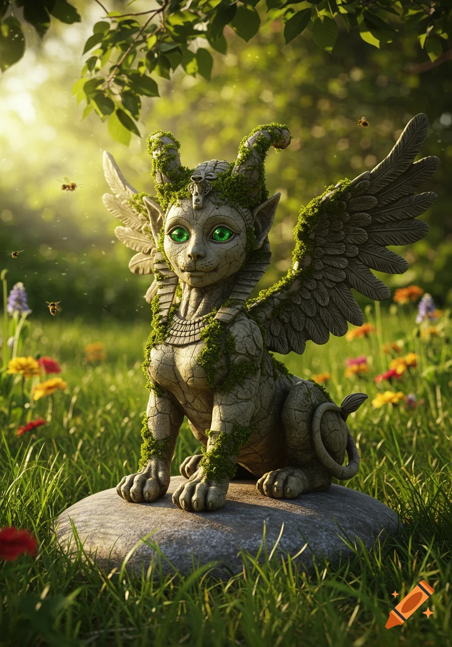 Moss-covered stone sphinx-like creature with green eyes and wings sits on a rock in a sunny forest with bees and wildflowers.