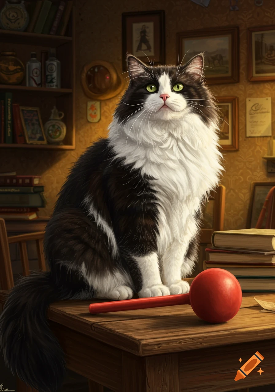 Fluffy black and white cat with green eyes on a wooden table next to a red mallet, in a cozy room with bookshelves.