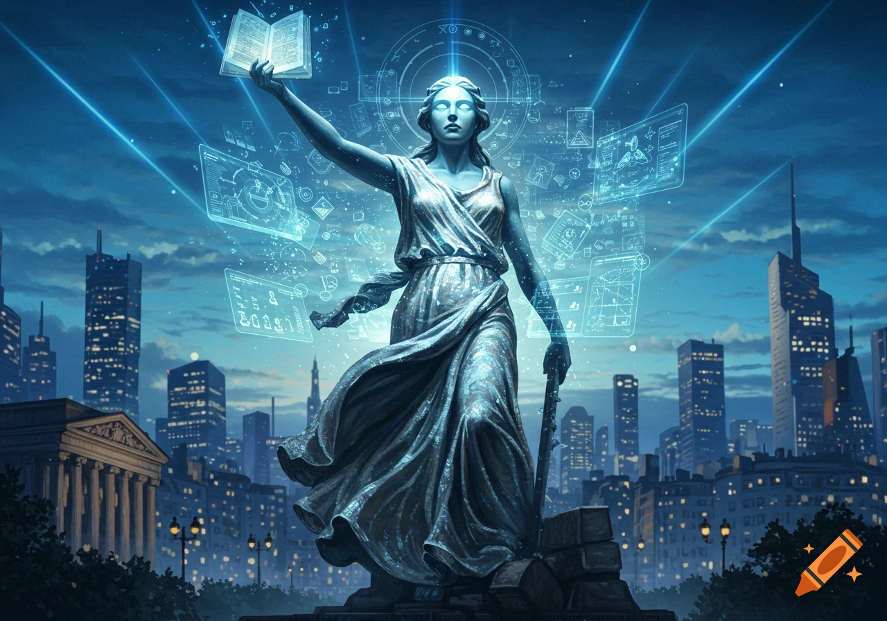 A glowing futuristic statue resembling Marianne holds an open book, surrounded by holographic data in a modern cityscape at dusk.