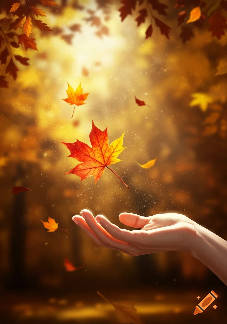 A human hand catches vibrant red and yellow autumn leaves falling in a warm, sunlit background.