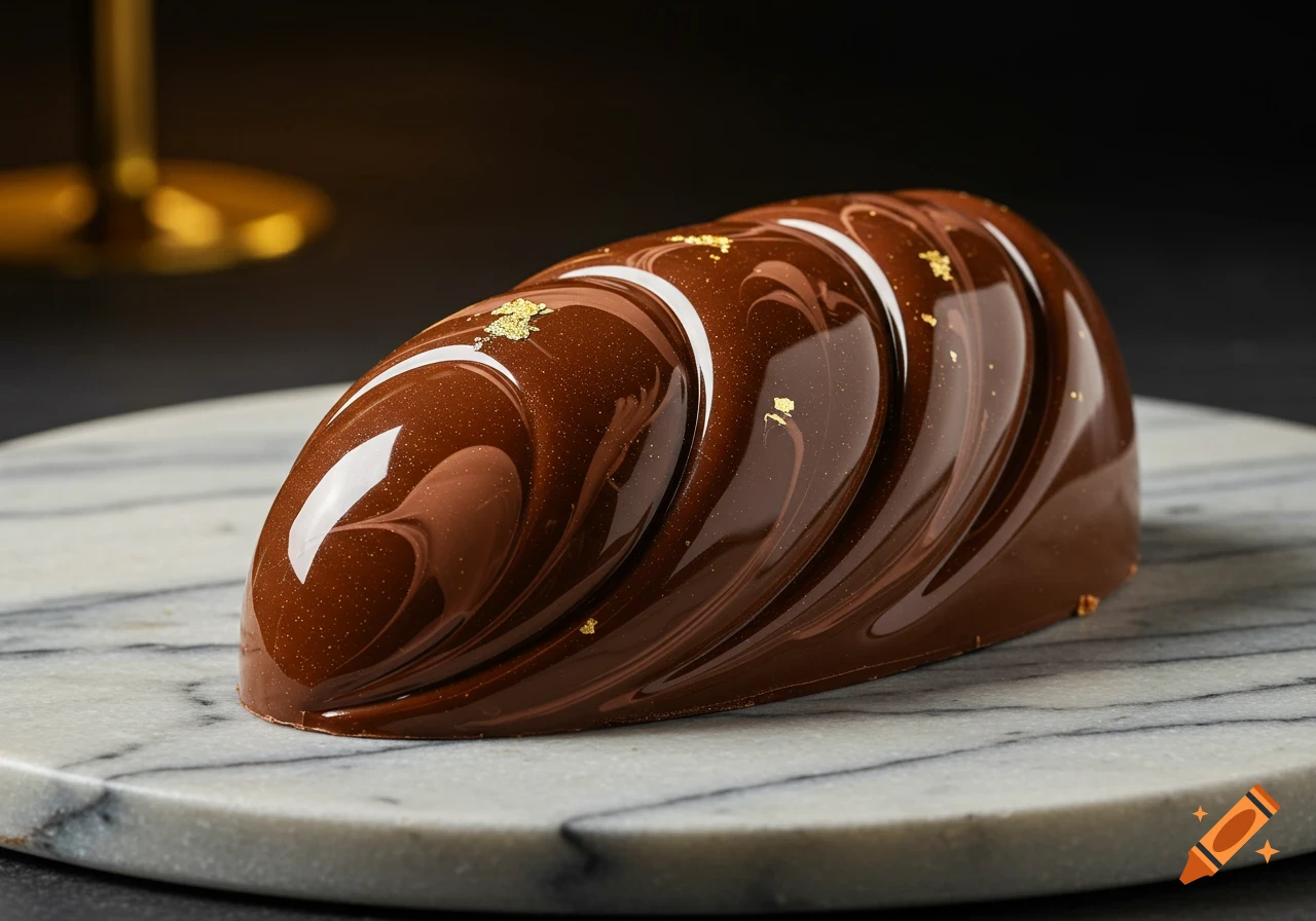 A glossy, ridged chocolate dessert with gold flakes sits on a white marble slab.
