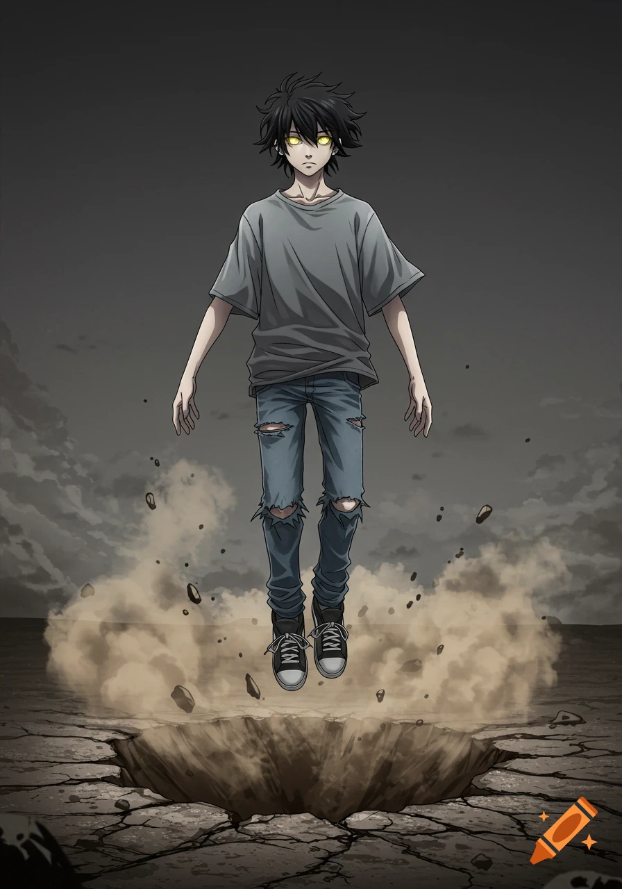 Anime style boy with glowing yellow eyes, black hair, grey t-shirt, and ripped jeans floats above a dusty crater.