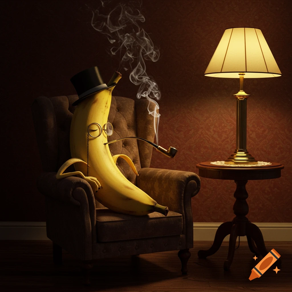 An anthropomorphic banana in a top hat and monocle sits in an armchair, smoking a pipe, next to a lit table lamp.