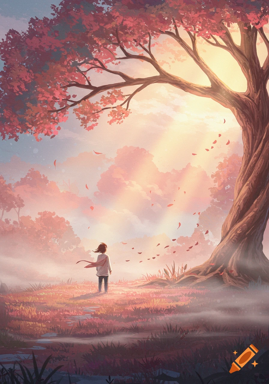 An anime illustration of a child standing under a large tree with falling red leaves in a misty, golden-lit field at sunset.
