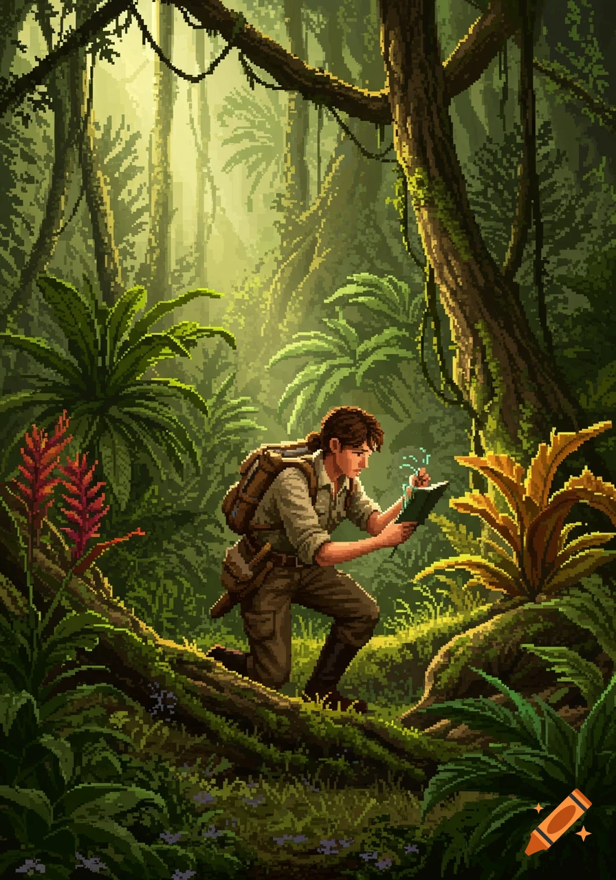 Highly detailed pixel art of a botanist in a lush rainforest, kneeling and examining a glowing plant in a book, with sun rays piercing the canopy.