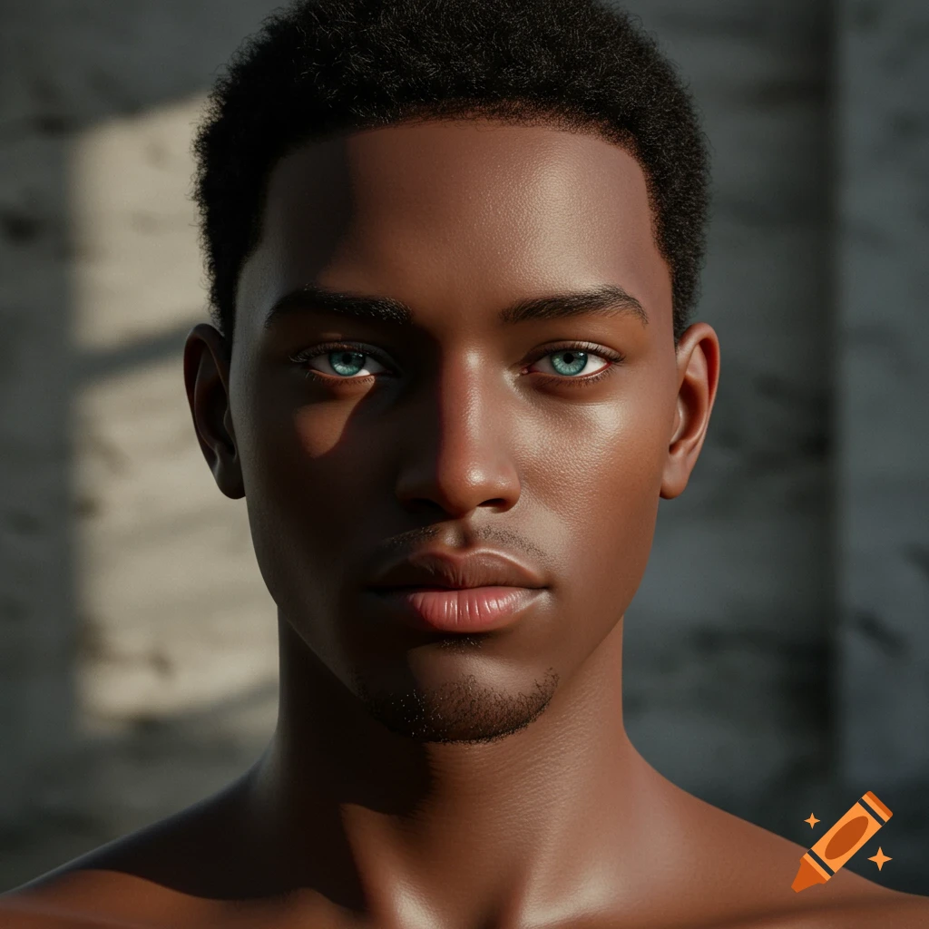 A close-up, photorealistic portrait of a young Black man with dark curly hair and striking light blue eyes, partially lit by sunlight.