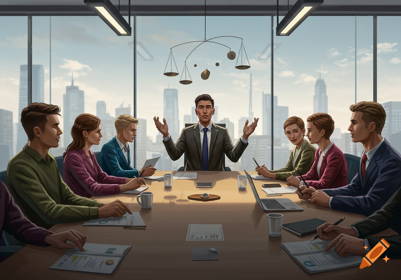 A diverse group of professionals in a modern office meeting room, with a man speaking at the table.