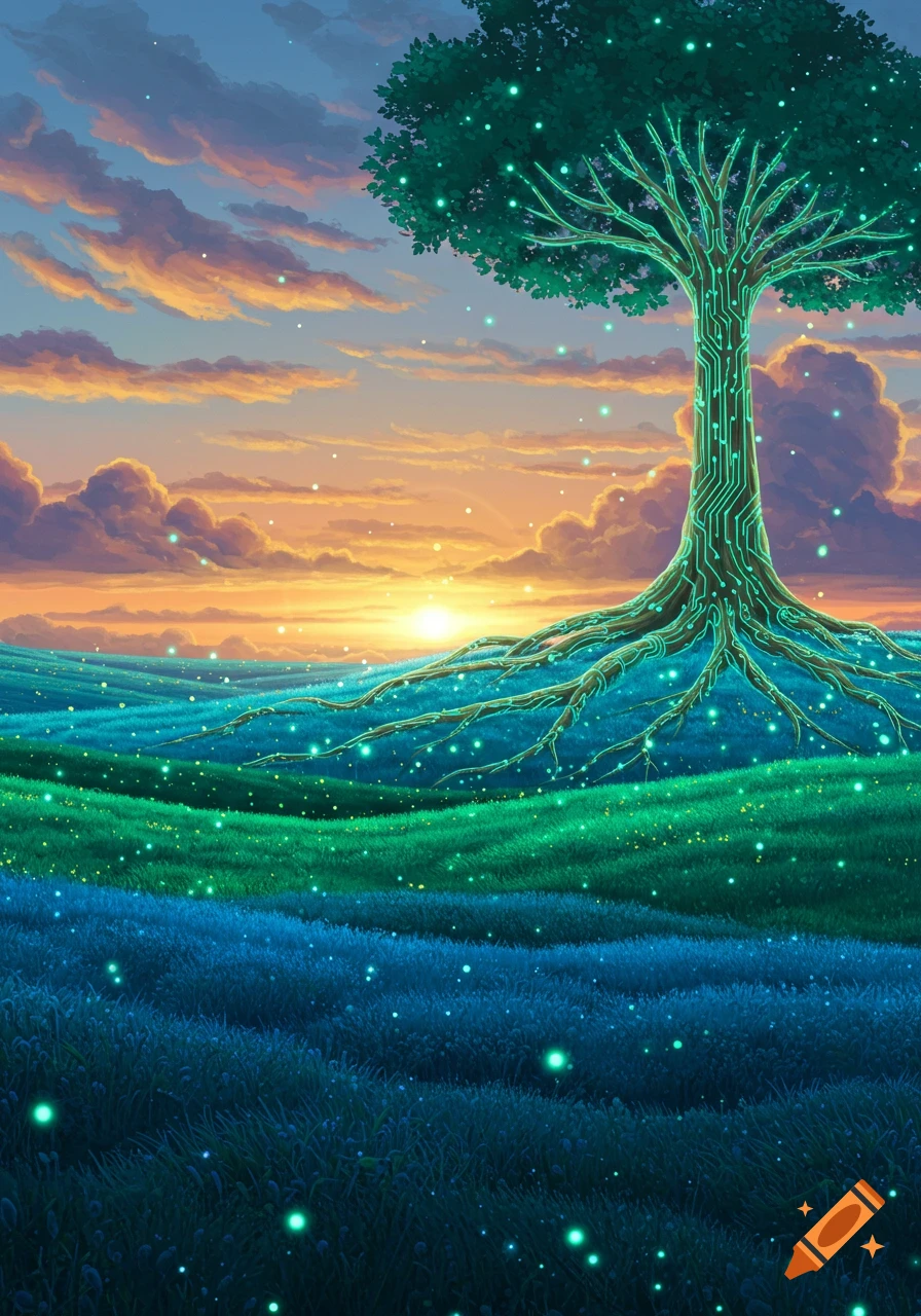 Vibrant digital art of a circuit board tree with glowing roots in a field under a sunset sky.