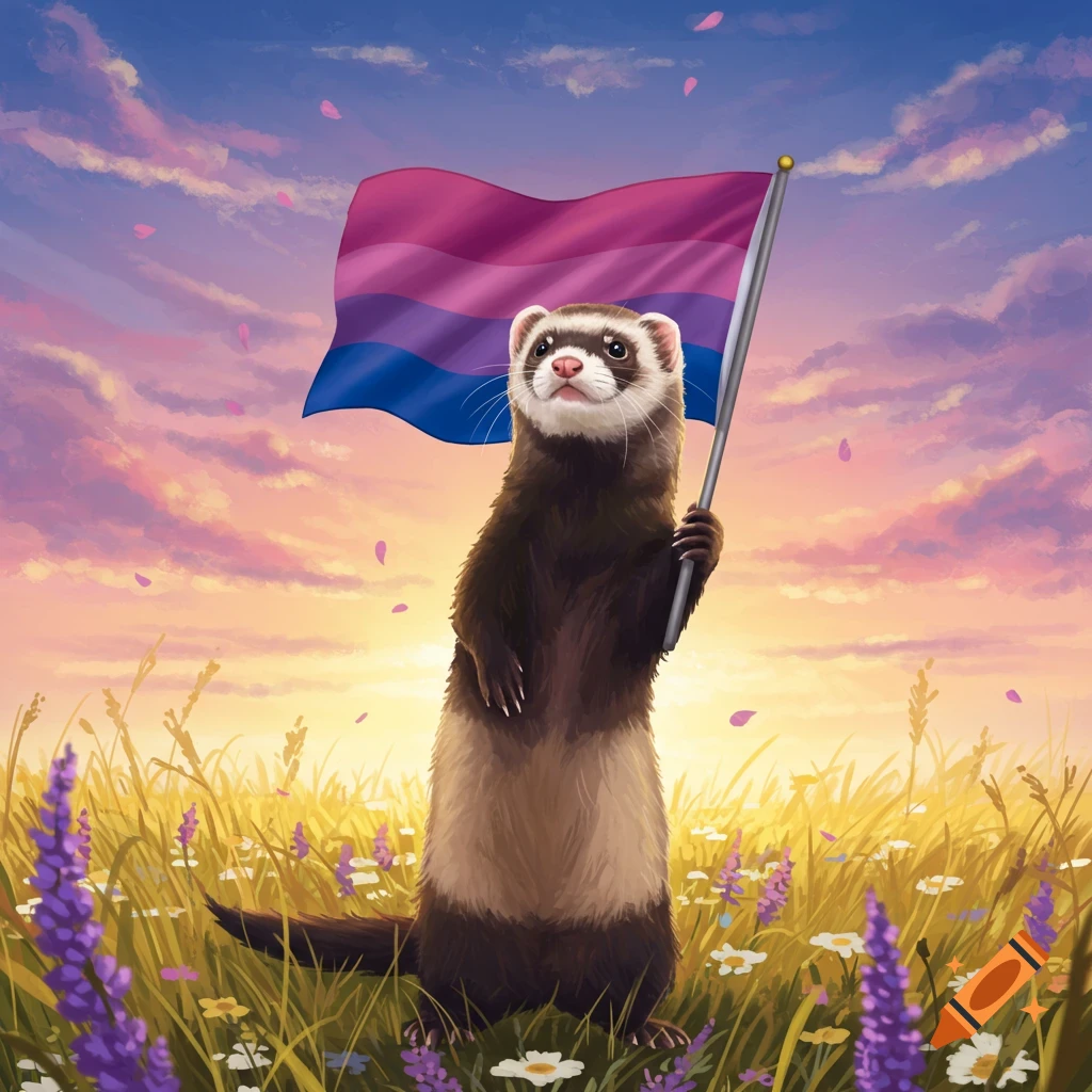 An illustrated ferret stands in a field of wildflowers at sunset, proudly holding a bisexual pride flag.