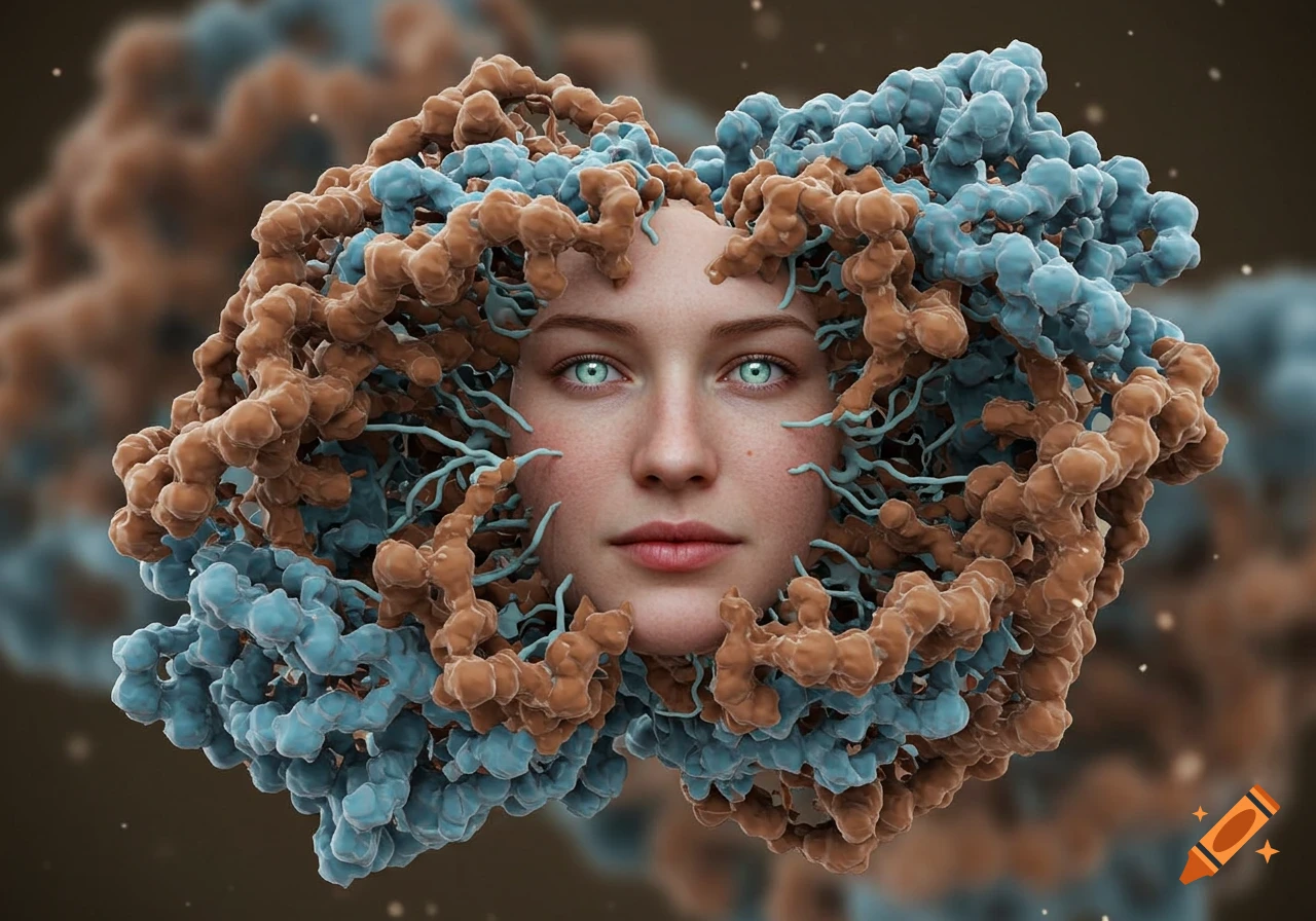 A detailed, photorealistic human face emerging from a complex brown and blue molecular structure, resembling a ribosome.