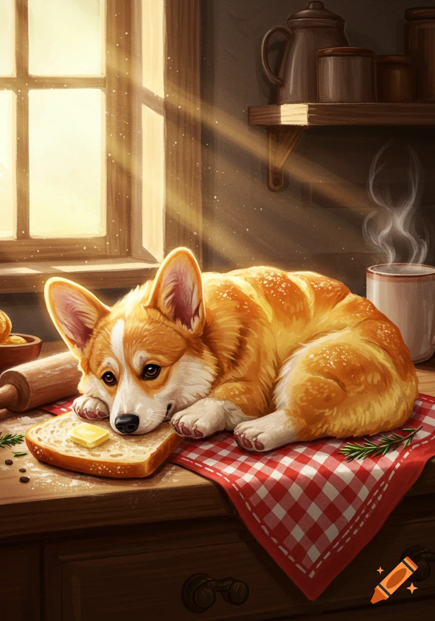 An illustrated corgi, shaped like a loaf of bread, sleeps on a kitchen counter with toast and a rolling pin, bathed in sunlight.