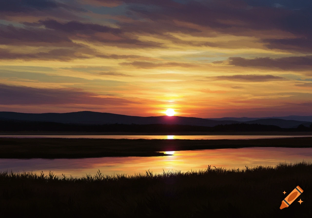 Vibrant sunset painting over a lake, reflecting orange and purple sky with silhouetted mountains and foreground grass.