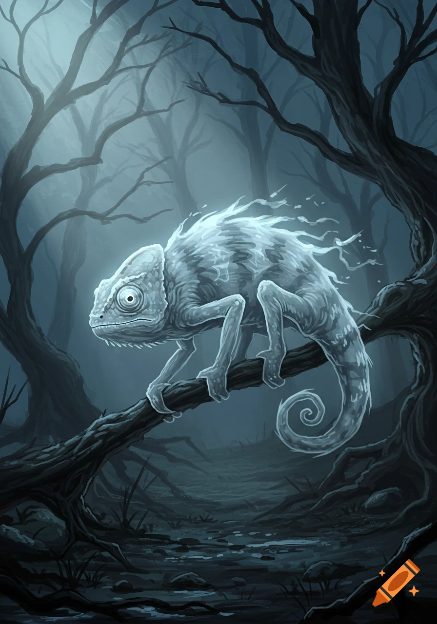 An illustration of a spectral chameleon, with ghostly smoke on its back, perching on a gnarled branch in an eerie, misty forest.