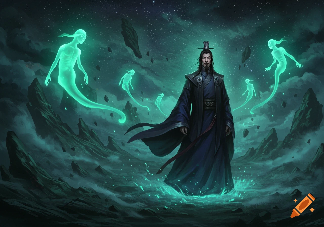 A dark-robed man with long hair stands in a mystical, starry landscape surrounded by glowing green ghostly figures and floating rocks.