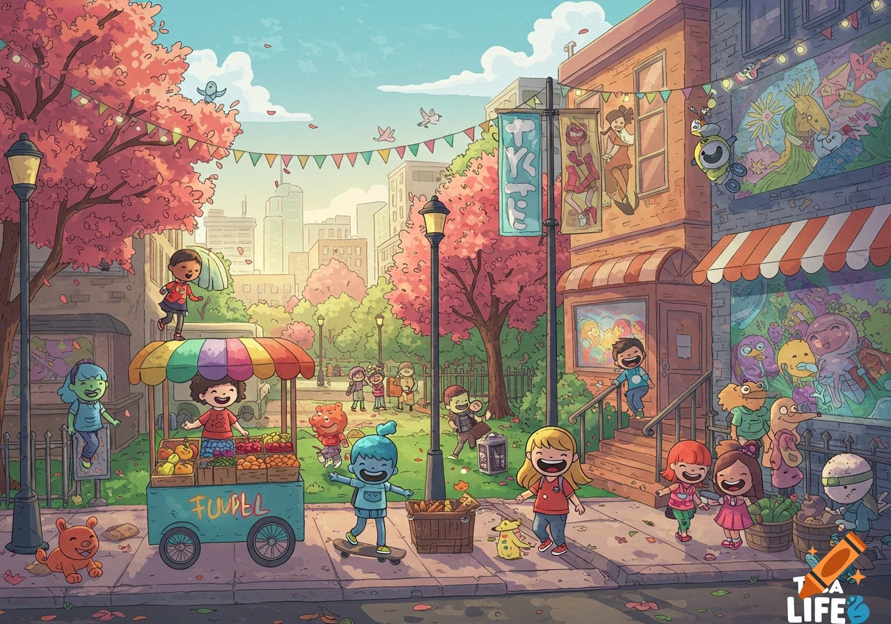 A vibrant Toca Life cartoon street scene with children, a fruit stand, and shops under blooming trees, with city buildings in the background.