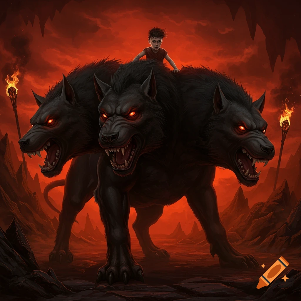 A young boy rides a fierce three-headed black dog (Cerberus) with glowing red eyes through a fiery, hellish landscape.