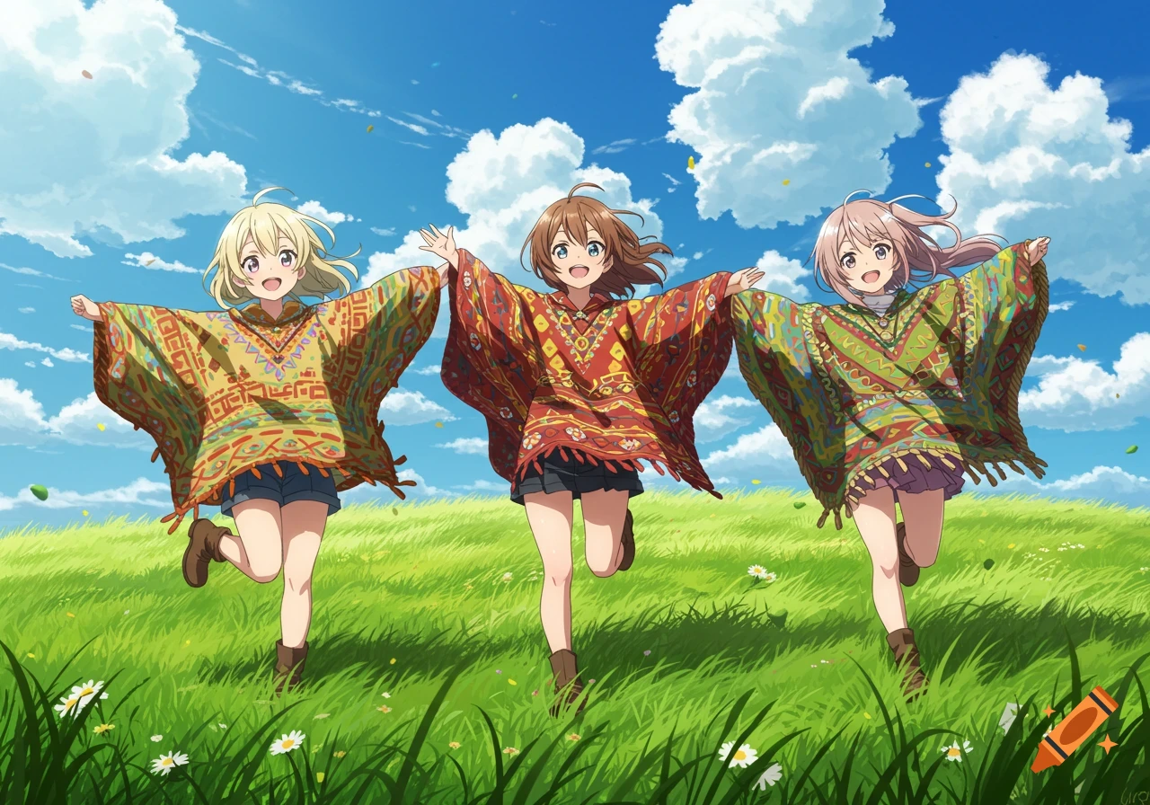 Three anime girls in colorful ponchos run joyfully through a green, grassy field under a blue sky with fluffy clouds.