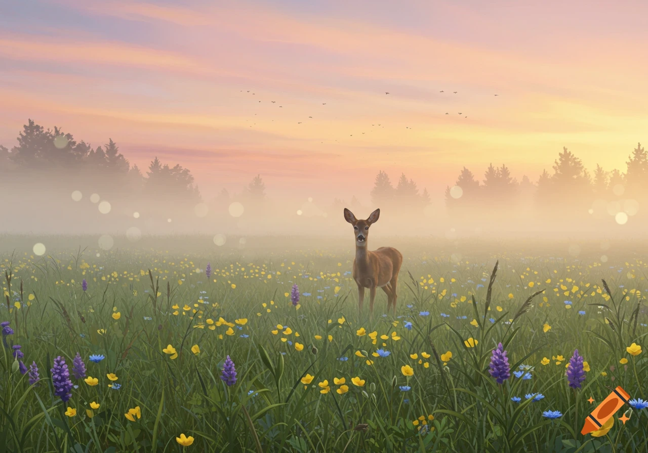 A deer stands in a misty meadow filled with colorful wildflowers under a pastel sky at sunrise.