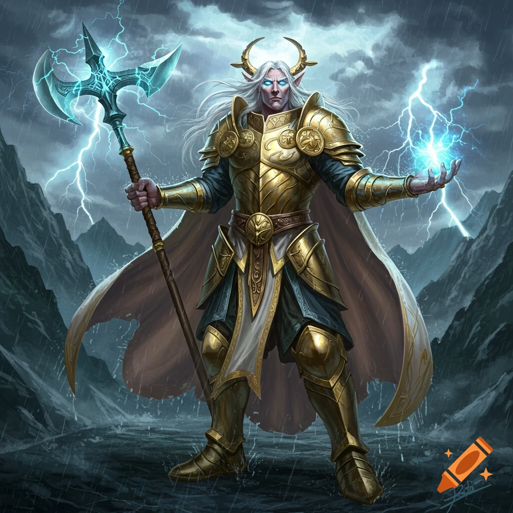A fantasy warrior with long white hair, horns, and golden armor stands in a stormy mountain landscape, holding a glowing axe and summoning lightning.