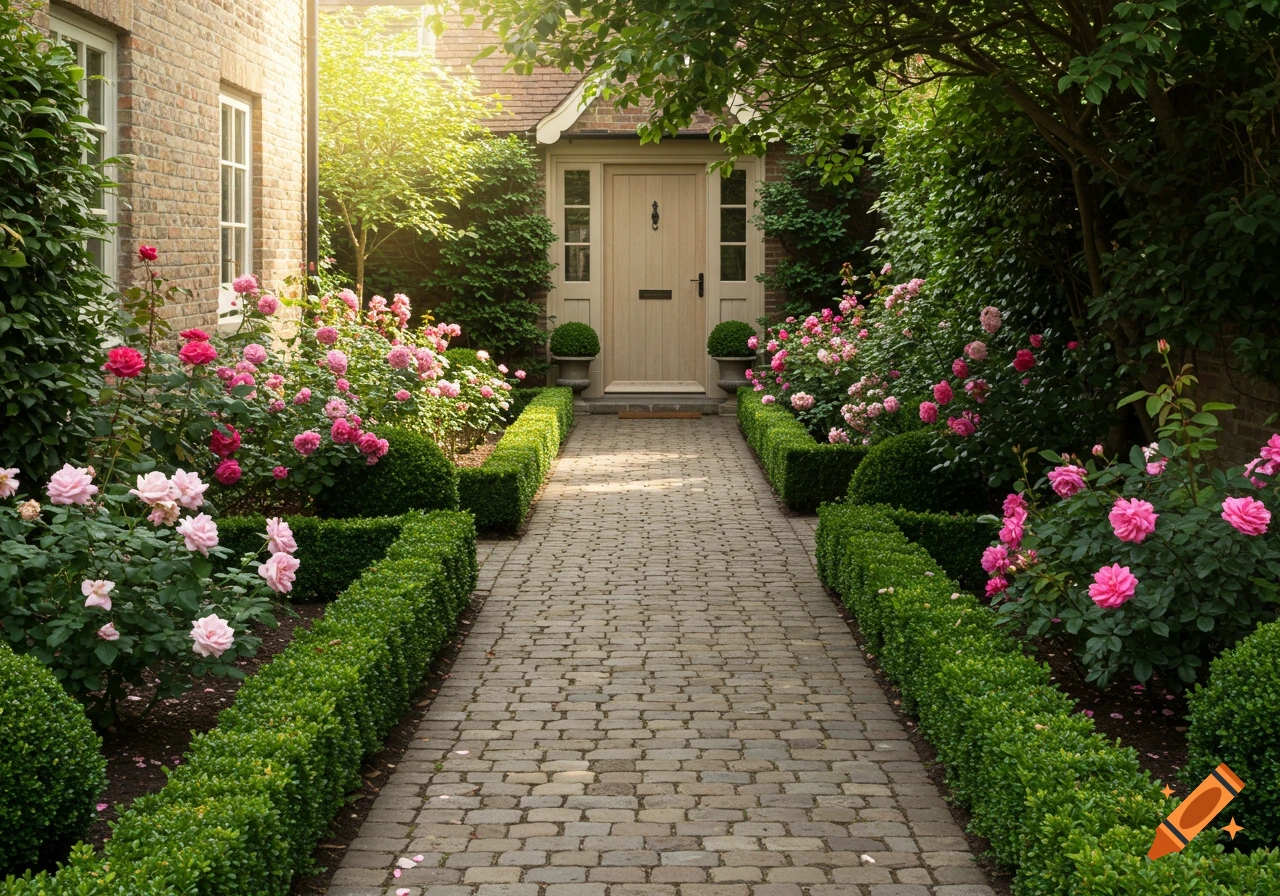A paved path lined with lush green boxwood hedges and blooming pink and red roses leads to a beige wooden front door of a brick house.