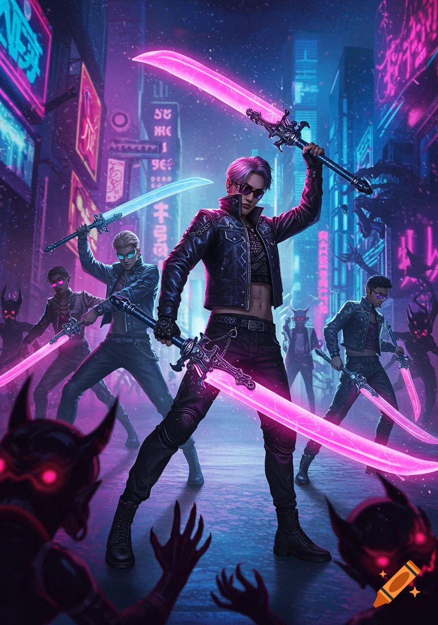 A group of K-pop inspired demon hunters with glowing swords fight shadowy demons in a neon-lit cyberpunk city.