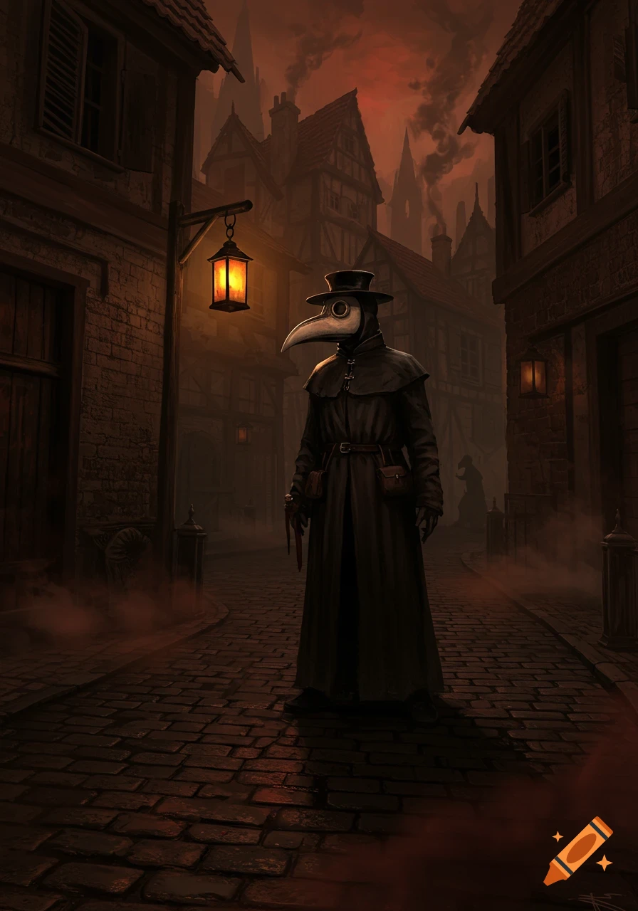 A mysterious plague doctor in a dark coat and bird-like mask stands on a foggy cobblestone street in an old town at night, lit by a lantern.