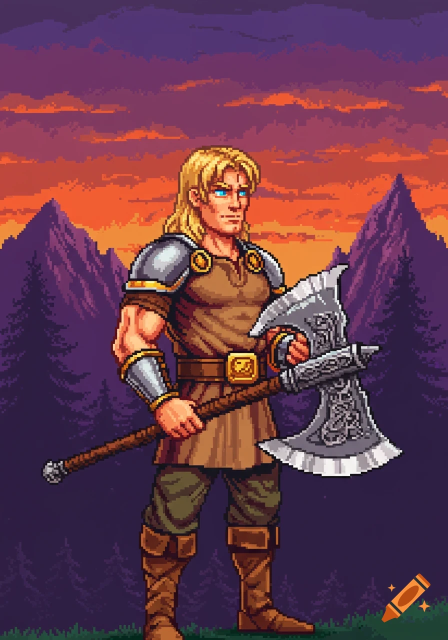 A blond man in pixel art style armor holds a dual-headed axe against a purple and orange sunset over mountains.