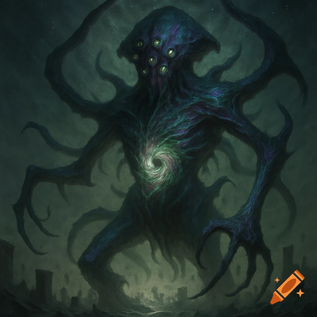 A dark, multi-eyed, tentacled Eldrazi monster with a glowing, swirling chest stands in a desolate, ruined landscape under a starry sky.