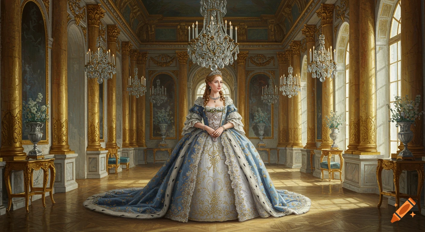 A French princess in a voluminous blue and white gown with a crown and jewelry stands in a grand, golden palace hall with chandeliers, in a classic painting style.