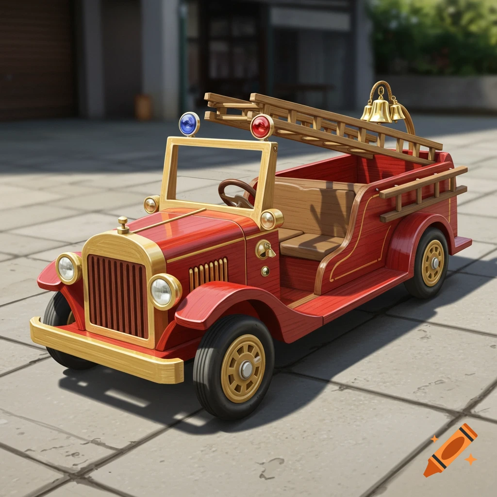 A red wooden toy fire truck with gold accents, a ladder, and bells, parked on a paved surface.