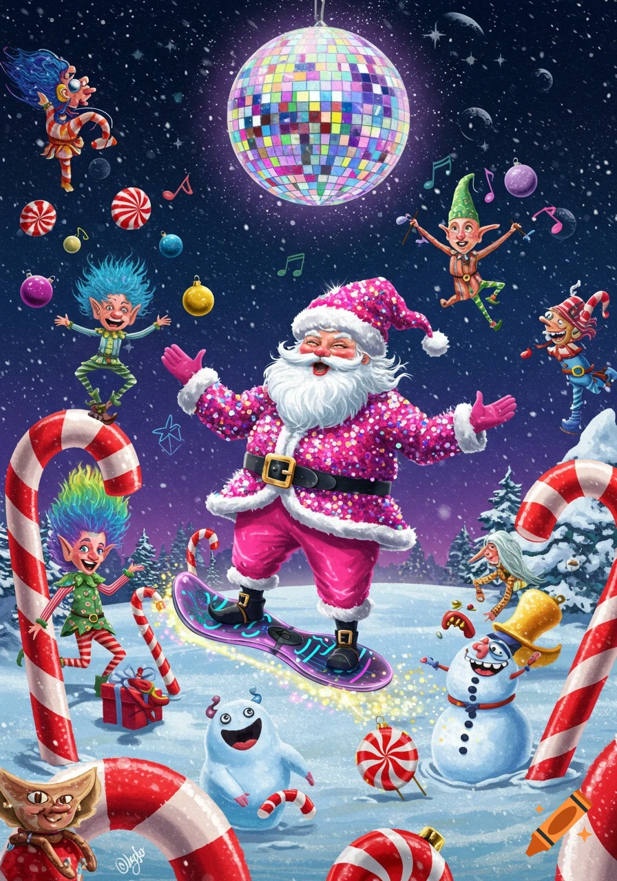 Wacky cartoon Santa in a pink sparkly suit hoverboarding with dancing elves, a snowman, and a monster under a disco ball in a snowy Christmas scene.