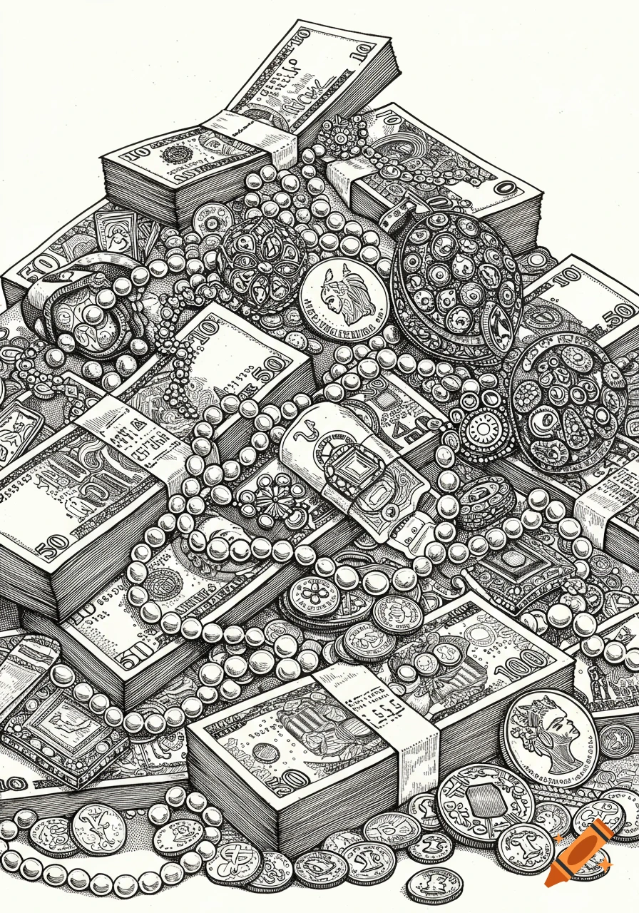 A detailed black and white line art illustration of a massive pile of banknotes, coins, pearls, and ornate treasure jewelry.