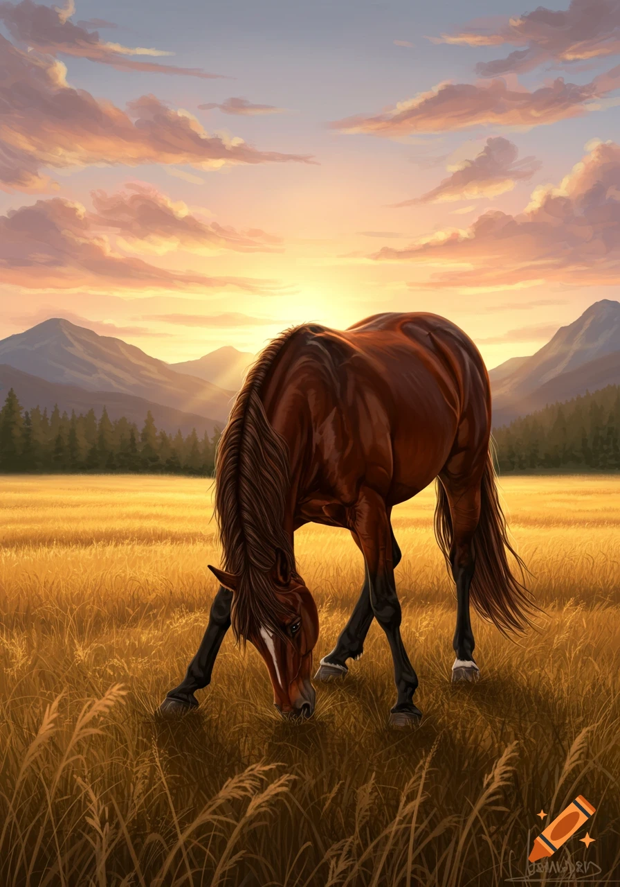 A brown horse grazes in a golden field under a vibrant sunset sky with mountains in the background, digital art.