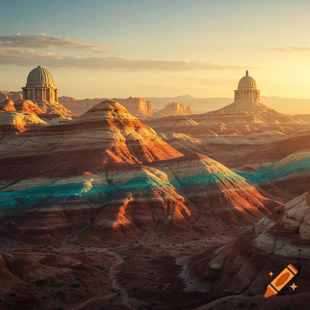 A vast desert landscape with colorful layered rock formations under a sunset sky, featuring two ancient domed buildings atop hills.