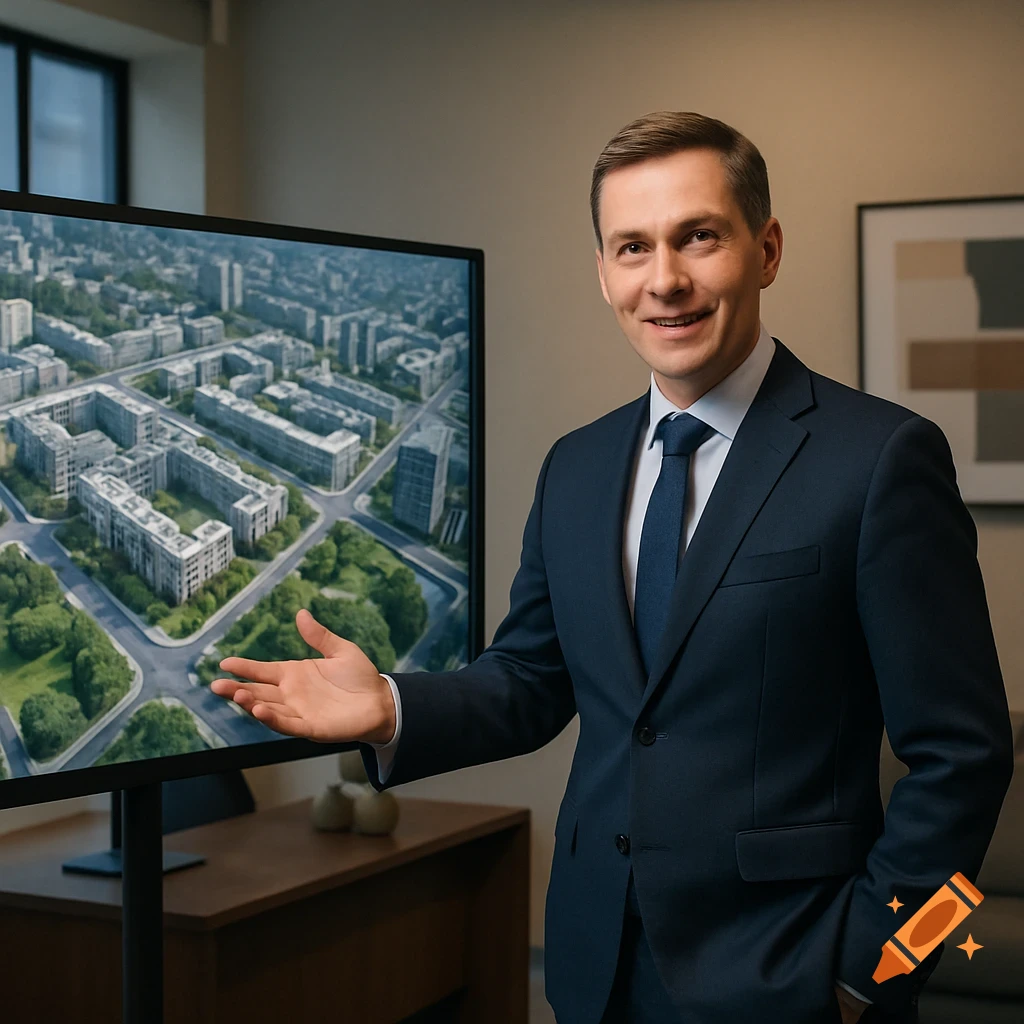 A smiling man in a dark suit presents a detailed urban planning model on a large screen in an office setting.