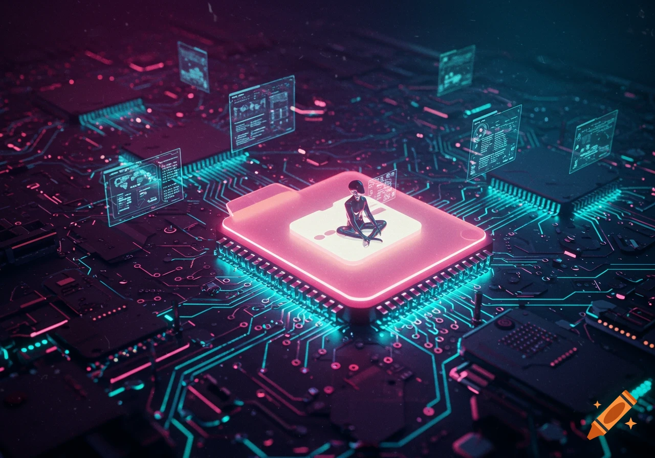 A person sits on a glowing folder-shaped chip on a dark circuit board with neon lights and floating holographic screens, in a cyberpunk style.