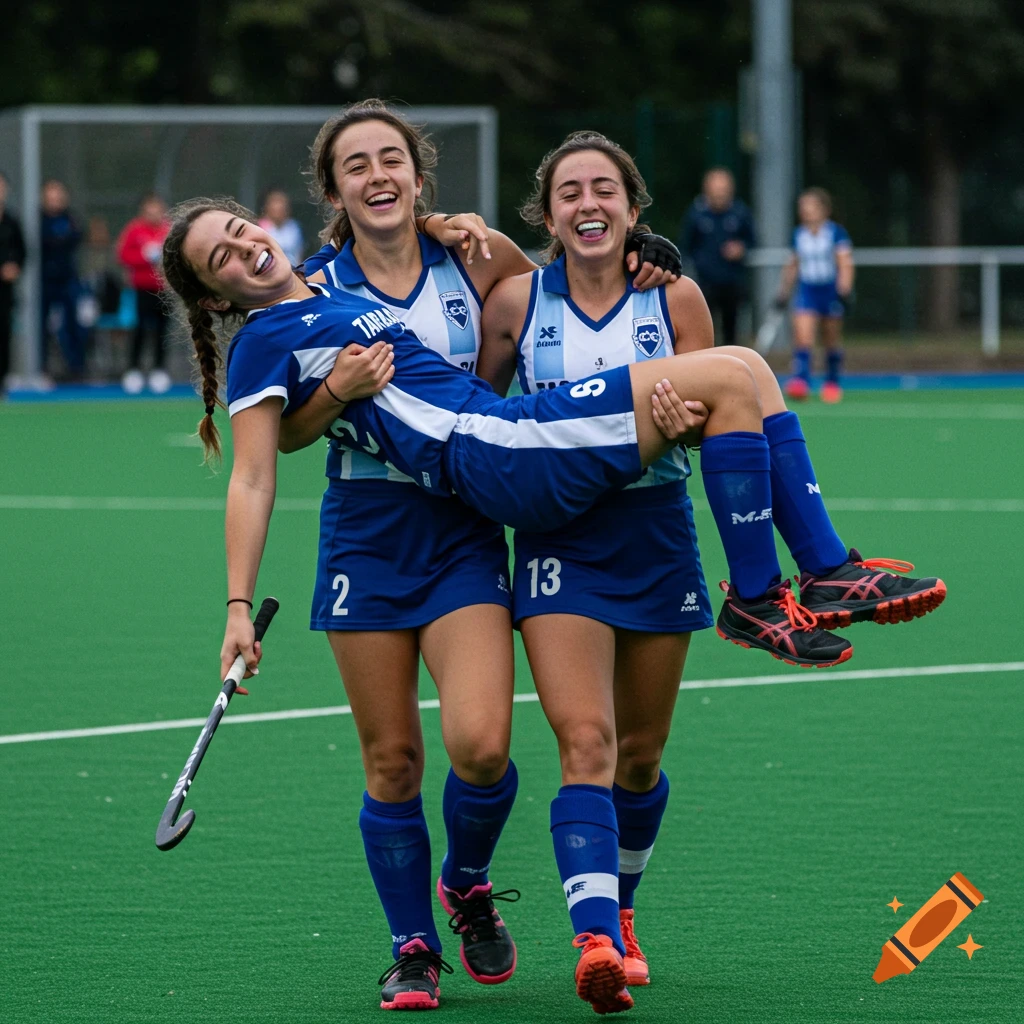 Three smiling young women in blue field hockey uniforms on a green turf field, two carrying a third player who is laughing.