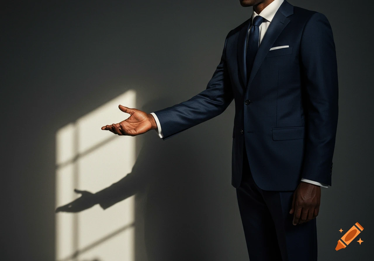 A man in a dark blue suit extends his open right hand on a gray background with window shadows.
