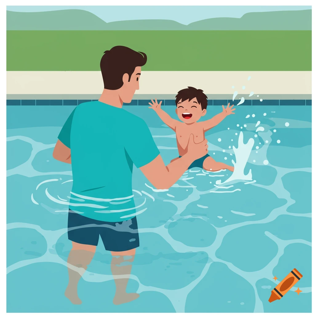 A father in a blue shirt and shorts holds his laughing son, who splashes water in a swimming pool. Flat illustration style.