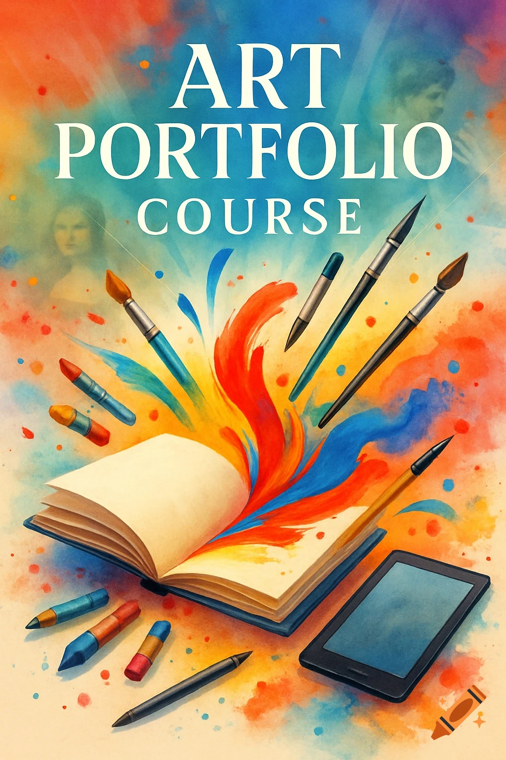 Vibrant watercolor poster for an Art Portfolio Course with an open book, paintbrushes, pencils, and a tablet.