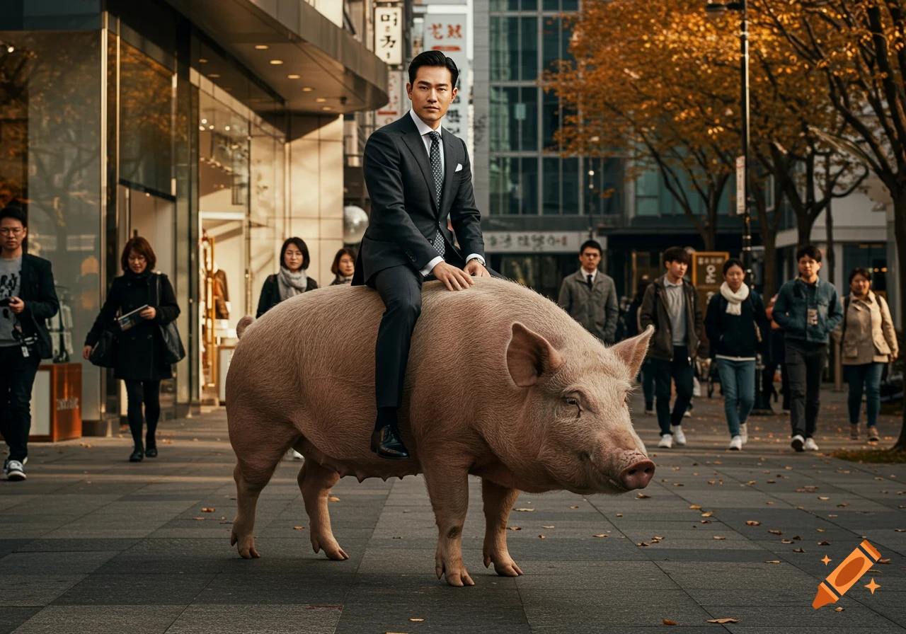 A man in a suit rides a large pig down a busy city sidewalk with autumn trees in a photorealistic style.