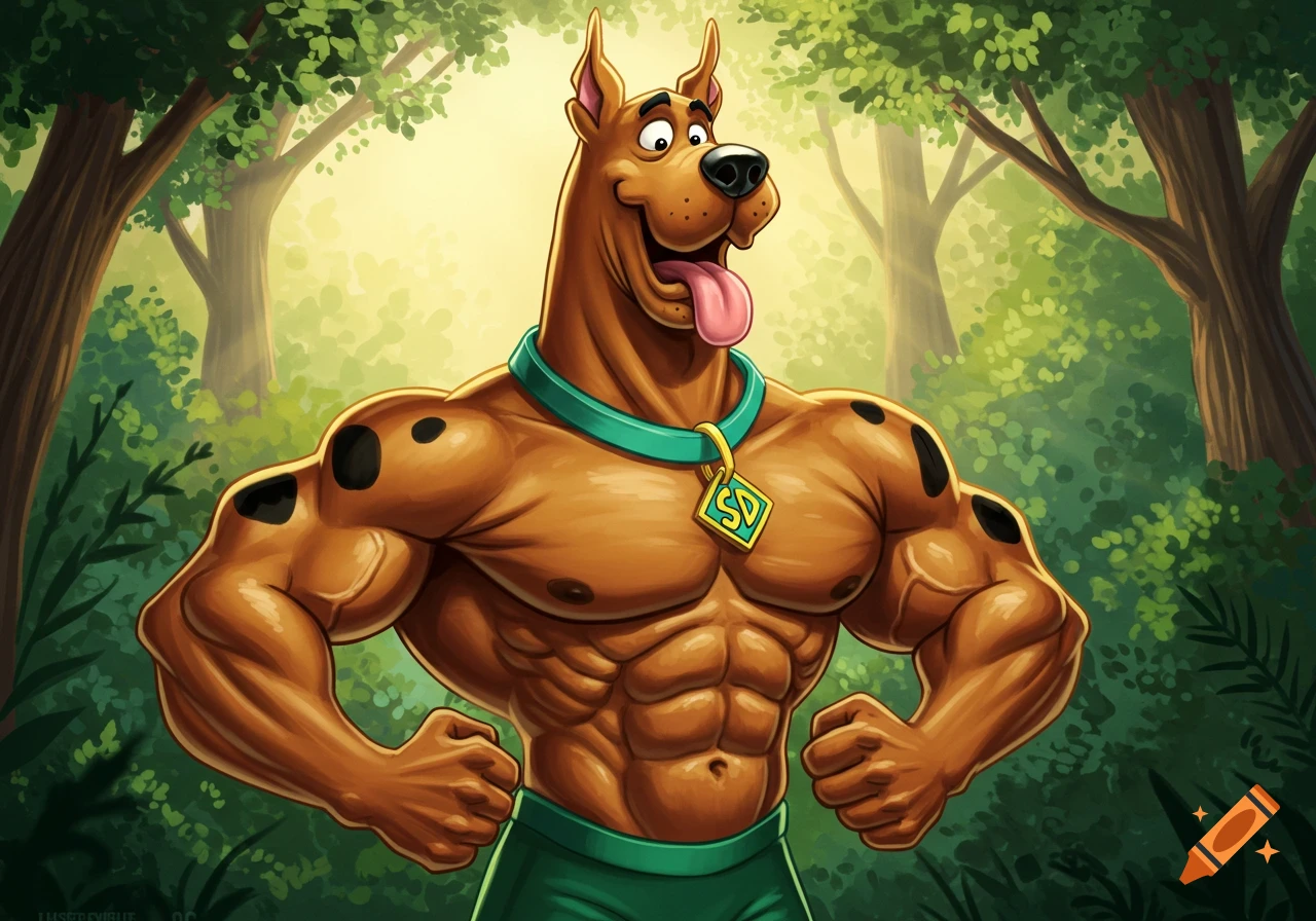 A muscular Scooby Doo flexing his bicep and abdominal muscles, set against a vibrant green forest background in a cartoon illustration.