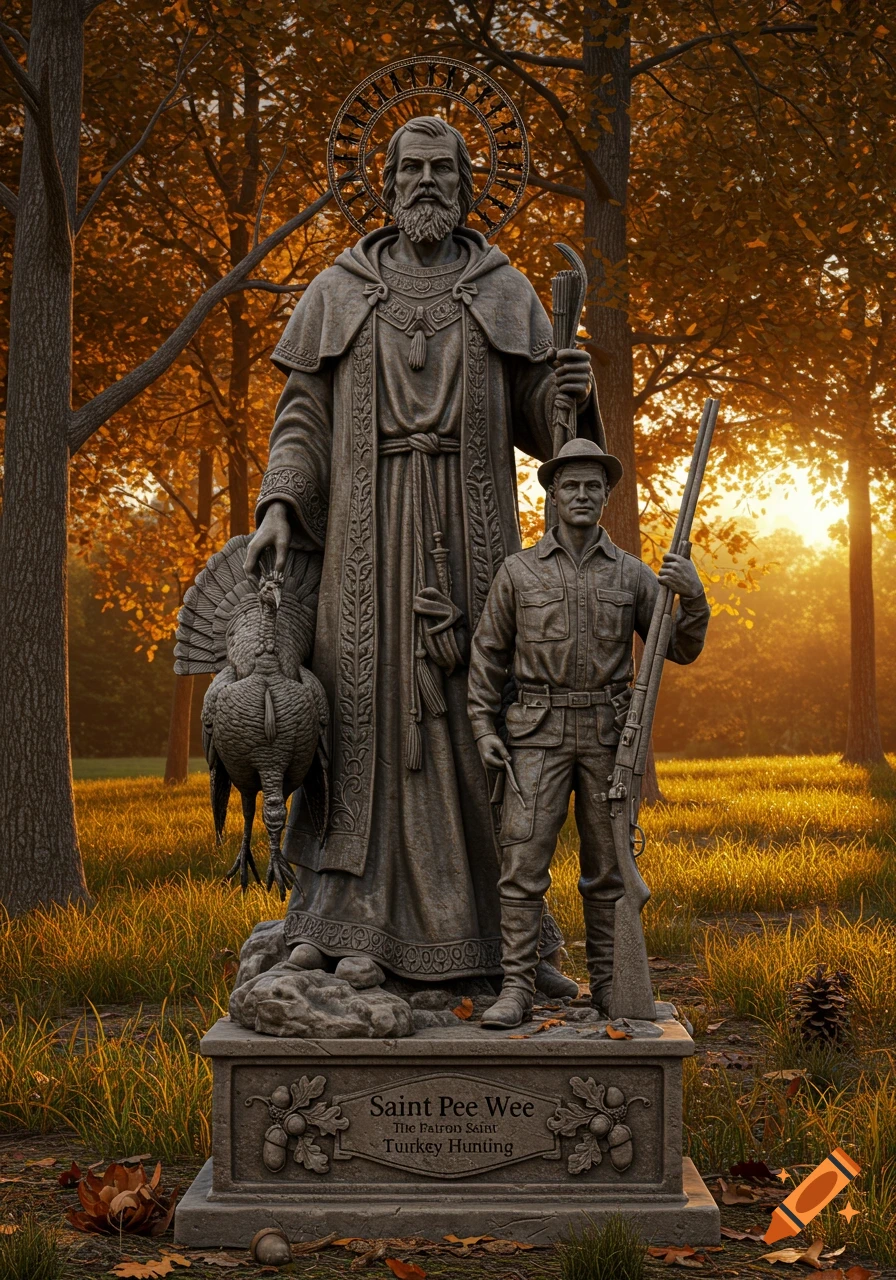 Photorealistic statue of Saint Pee Wee, patron saint of turkey hunting, holding a turkey. A hunter with a gun stands beside it in an autumn forest.