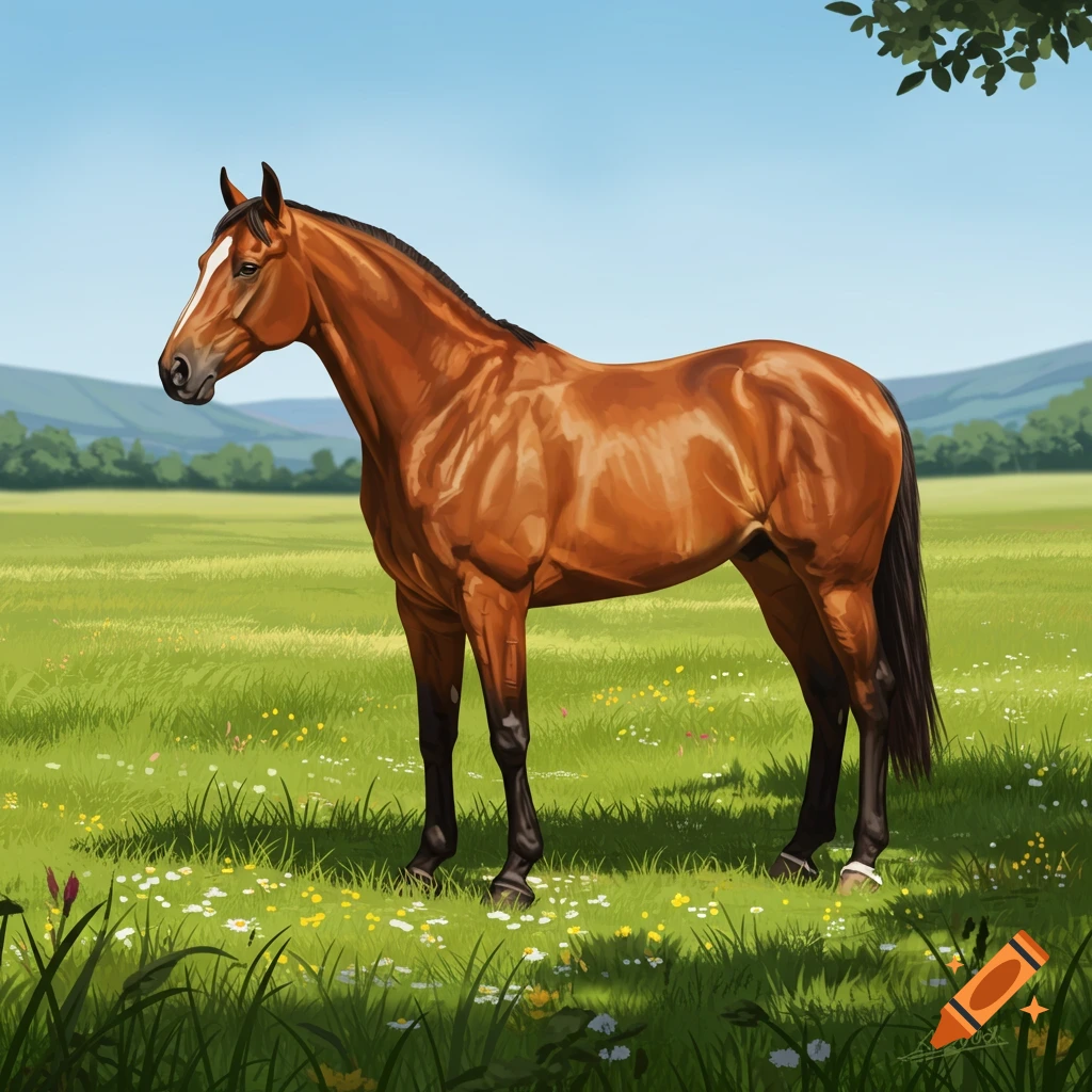An illustration of a brown horse with a white blaze standing in a green grassy field with wildflowers under a blue sky.
