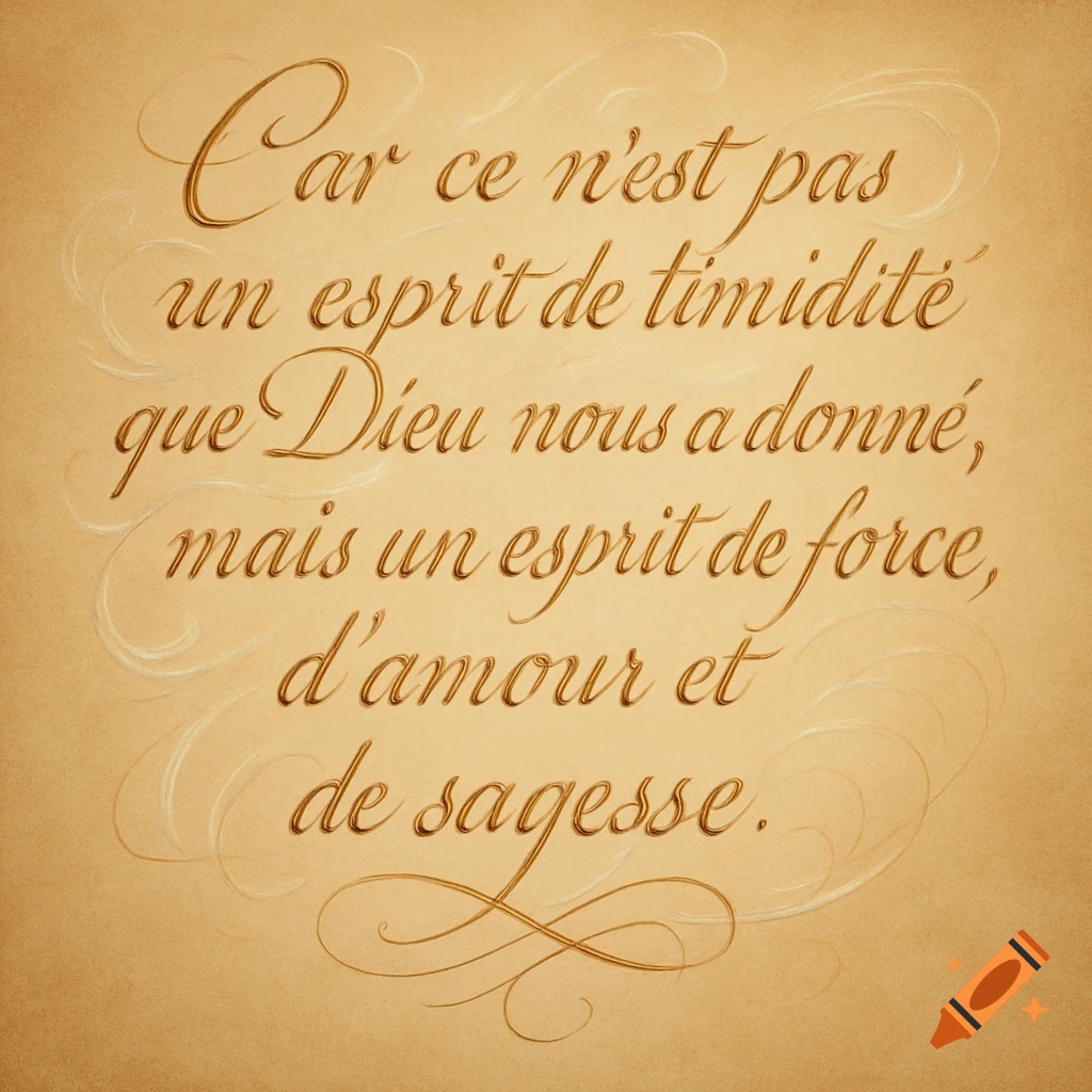 A golden cursive French quote on a textured parchment background, reading: 'Car ce n ’est pas un esprit de timidité que Dieu nous a donné, mais un esprit de force, d’amour et de sagesse.'