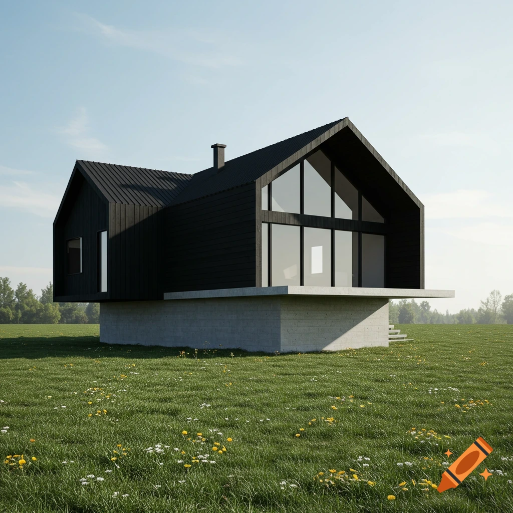 A modern black house with a pitched roof and large windows sits on a concrete base in a green field with wildflowers.